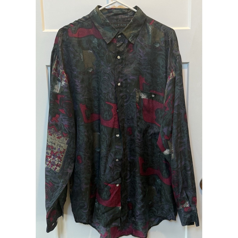 Vintage Santana 100% Silk Shirt Men M 80s 90s Abstract Print Fresh Prince Style